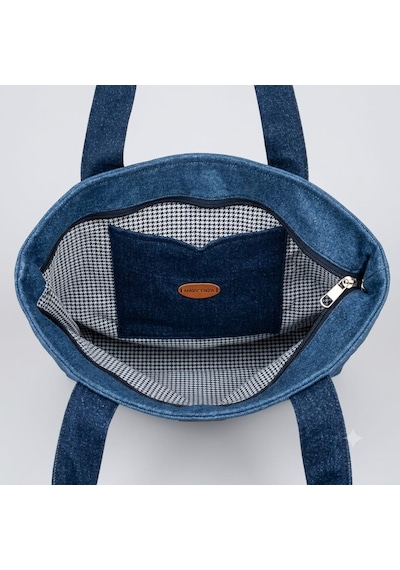 El Yapımı Orijinal Denim Kadın Omuz Çantası Mavi - Lacivert