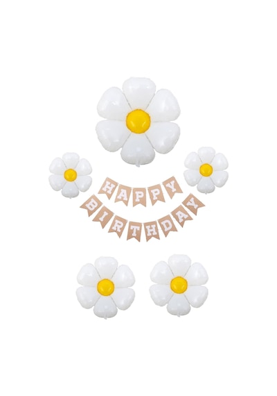 Happy Birthday Banner Ve 5 Li Papatya Folyo Balon Seti Parti Kutlama Seti Beyaz - Sarı