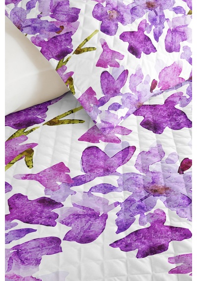 Mor Çiçekli Modern Genç Odası Tek Kişilik Pike Takımı - Lila Beyaz 160x220 Cm Kapitone Yatak Örtüsü Buharlı Nehir Anısı