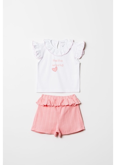Hafy Baby Hello World Nakışlı, Fırfır Yakalı, Kız Bebek Şortlu Takım Beyaz - Pembe Hafy Baby Hello World Nakışlı, Fırfır Yakalı, Kız Bebek Şortlu Takım Beyaz - Pembe
