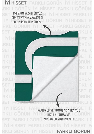 Hello Tipografik Kalpli Yeşil Plaj Havlusu - Minimalist Beyaz Çizgili Hızlı Kuruyan Mikrofiber Havlu Kıyı Menekşe
