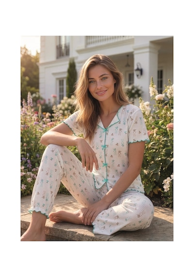 Eyfuze Kadın Baskılı Fiyonk Detaylı Raporlu Kaşkorse Kısa Kollu Pijama Takımı Beyaz-7