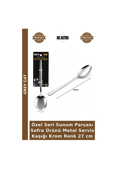 Özel Seri Sunum Parçası Sofra Ürünü Metal Servis Kaşığı Krom Renk 27 Cm
