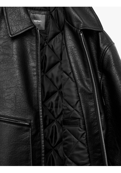 Koton Slim Fit Uzun Kollu Fermuarlı Gömlek Yaka Suni Deri Ceket Siyah 6wam20162hw Siyah