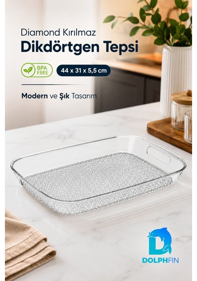Diamond Kırılmaz Dikdörtgen Servis Tepsisi 44x31 Cm Kulplu Şeffaf Bpa İçermez
