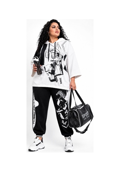 Rozzer Büyük Beden Kapüşonlu Baskılı Oversize Üst Jogger Pantolonlu Şık Spor Kadın Alt Üst Takım Siyah Rozzer Büyük Beden Kapüşonlu Baskılı Oversize Üst Jogger Pantolonlu Şık Spor Kadın Alt Üst Takım Siyah