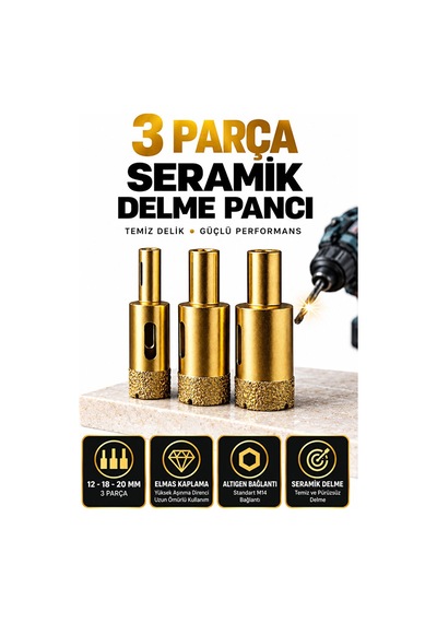 Seramik Delme Pançı 3 Lü Set 12-18-20 Mm Elmas Kaplama M14 Uyumlu