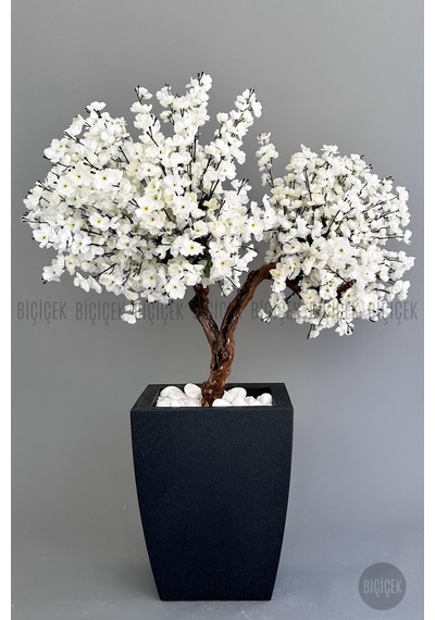 Biçiçek Yapay Beyaz Sakura Ağacı 100 Cm Bahar Dalı Antresi̇t Kare Saksıda