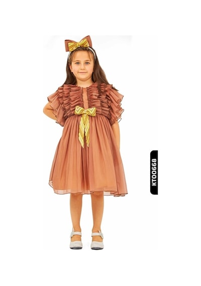 Xo Kids Fırfırlı Bohçalı Ajurlu Melek Kollu Kız Çocuk Elbise 1-5 Yaş 6630 Kahverengi