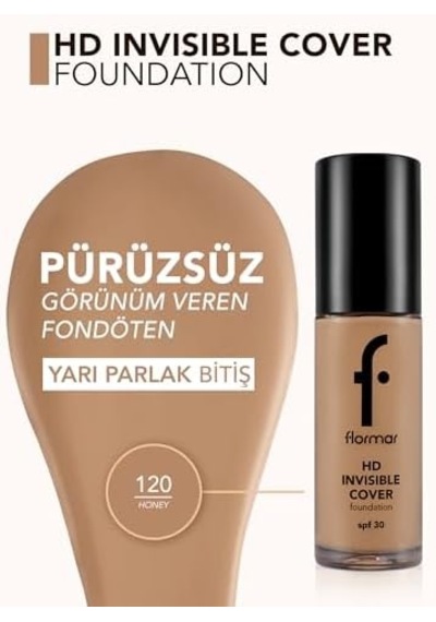 Invisible Cover Hd Hafif Yapılı & Yarı Parlak Bitişli Spf30 Fondöten 120 Hney 0