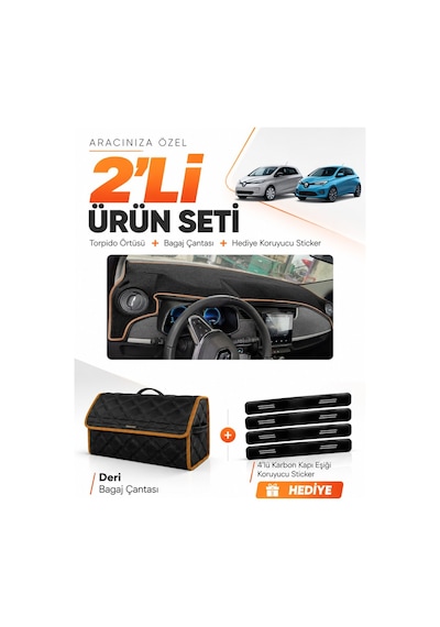 Renault Zoe 2012-2024 Uyumlu Torpido Örtüsü + Deri Bagaj Çantası + Sticker Seti - Siyah Kahverengi