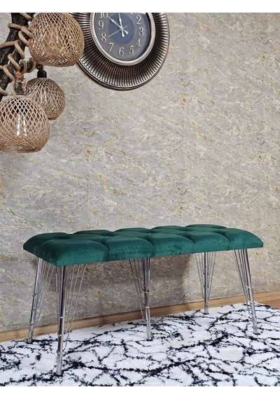 Zafir Metal Krom Tel Ayaklı 100 Cm Puf Bench - Puf - Bench - Oturak - Mutfak Oturağı - Antre Oturağı Yeşil