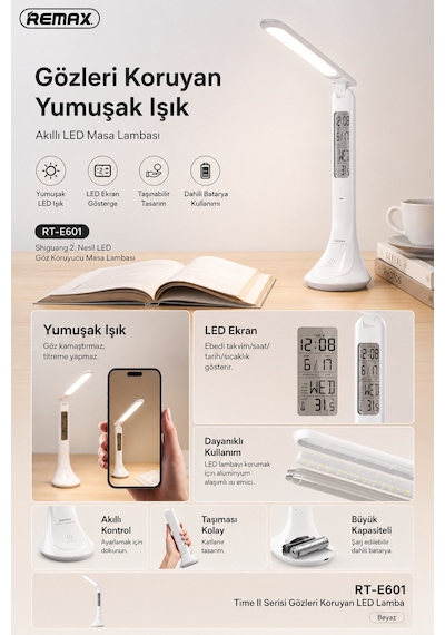 Remax Time Iı Dijital Takvimli Göz Koruyucu Dokunmatik Led Masa Lambası Rt-e601 Beyaz