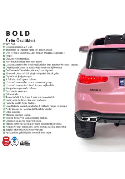 Akülü Araba Uzaktan Kumandalı Bold Gt Pembe 4x2 Deri Koltuk