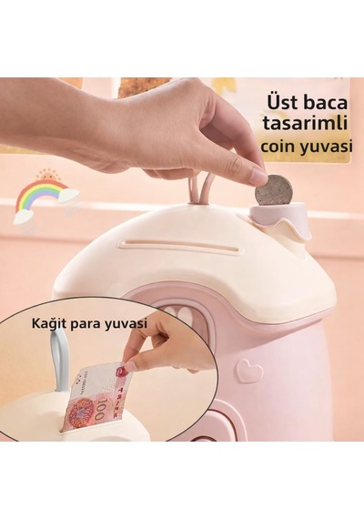 Anahtarlı Tavşan Figürlü Pembe Kumbara, Çocuklar İçin Kilitli Para Kutusu, Kağıt Ve Bozuk Para Uyumlu, Çocuk O