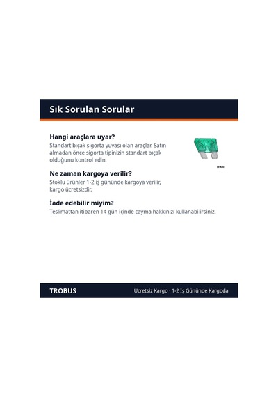 Trobus Oto Sigortası Bıçak Tip Standart Boy 30 Amper Yeşil 10'lu Diğer