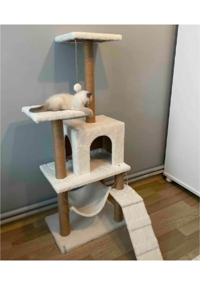 Reyo Pet B-07 Hamaklı Yuvalı Lüx Kedi Tırmalama Oyun Evi Beyaz