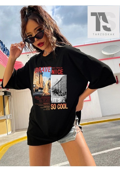 Startmore Sokak Görünümü Ve Slogan Grafikli Düşük Omuzlu Oversize Tişört Siyah