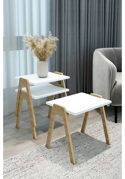 Azra - 3 Lü Zigon Sehpa Takımı Atlantik Çam -modern Ve Fonksiyonel / Orta Sehpa / Dekoratif Beyaz