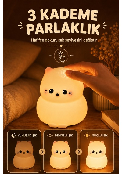 Cappo - Kedi Figürlü Şarjlı Silikon Gece Lambası 3 Kademe Dokunmatik Usb-c Beyaz Beyaz