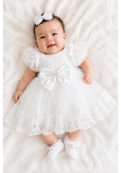 Babyhola Kız Bebek Dantelli Tüllü Balon Kol Ve Fiyonk Detaylı Elbise 9998 Beyaz