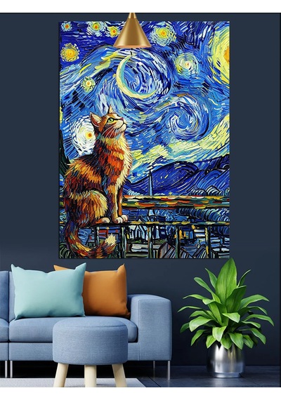 Van Gogh Temalı Manzara Ve Kedi Dekoratif Kanvas - Mdf Ahşap Tablo
