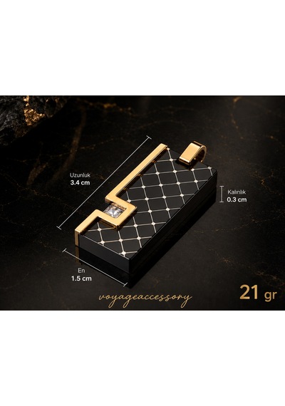 Paslanmaz Çelik Kübik Zirkon Detaylı Premium Gold Siyah Erkek Kolye Altın - Gümüş