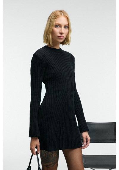 Grımelange ENCANTO Kadın Yuvarlak Yaka Çizgi Desenli Slim Fit Siyah Elbise