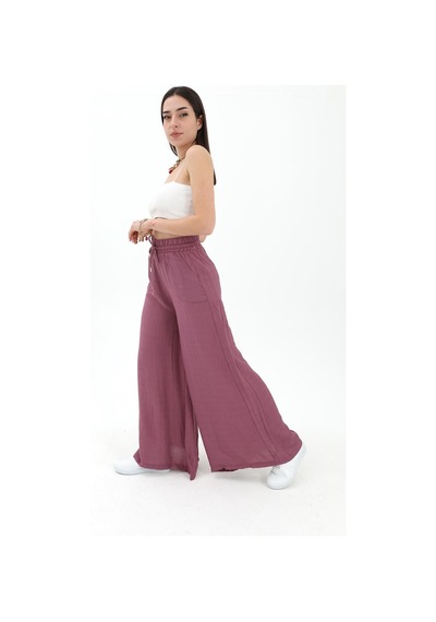 Wpr Geniş Kemerli Bol Paça Düz Keten Kadın Pantolon - Lila-lila Lila Wpr Geniş Kemerli Bol Paça Düz Keten Kadın Pantolon - Lila-lila Lila