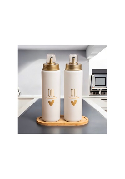Bambu Standlı 2 Li Damlatmaz Kapaklı Cam 550 Ml Oil Yağdanlık Yağlık Set Beyaz Beyaz