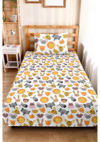 Evimde Bambaşka Safari Hayvanlı Çocuk Odası Tek Kişilik Pike Takımı-renkli Sevimli 160x220  CM Kapitone Yatak Örtüsü