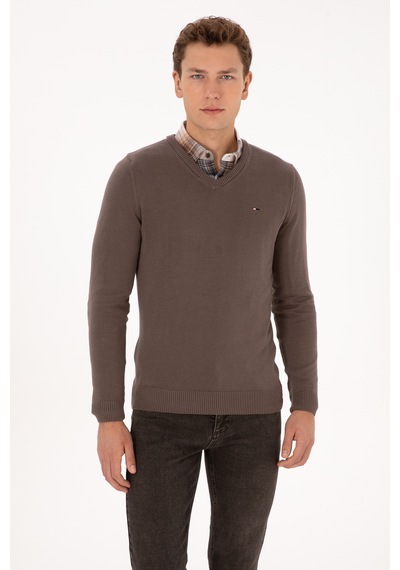 U.S. Polo Assn. Erkek Slim Fit V Yaka Vizon Basic Kazak 50313668-VR052