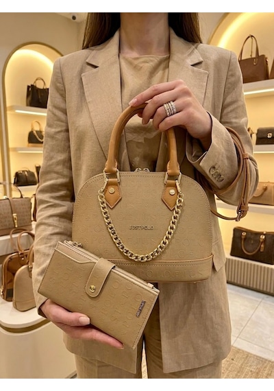 Just Polo Kadın Zincir Detaylı Lüks El & Omuz Çantası Ve Cüzdanı Kombin Shopper Ebat : 25x22 Cm Vizon