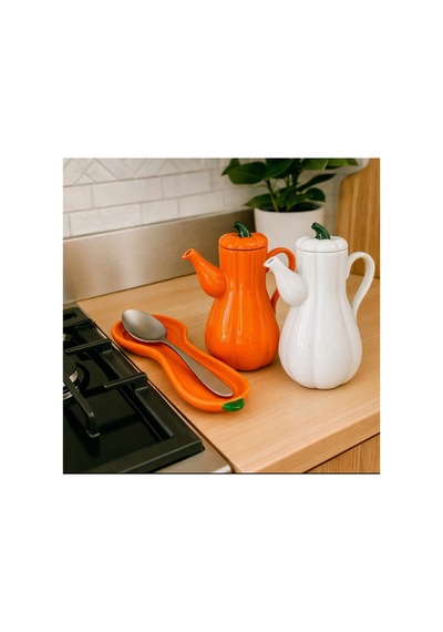 3 Lü Set 2 Li Turuncu Ve Beyaz Herbiri Porselen 1000 Ml Yağdanlık Ve Turuncu Porselen Kaşık Altlığı Turuncu Turuncu