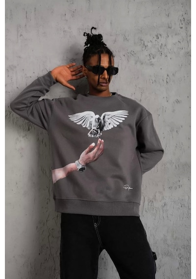 Erkek Güvercin Baskılı Sweatshirt - Gri Gri