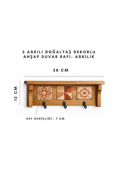 3 Askılı Doğaltaş Dekorlu Ahşap Duvar Düzenleyici Giriş Holü Anahtarlığı, Mutfak Ve Banyo Duvar Rafı 28x12-3 Askılık