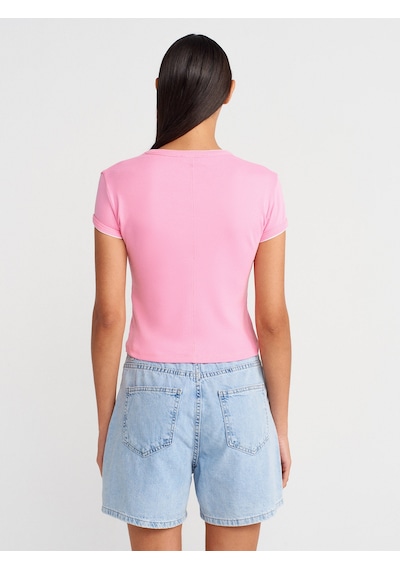 Dilvin 31750 Kontrast Kısa Kollu Tshirt-pembe Pembe
