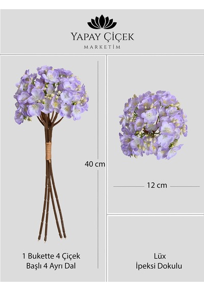 Mor Yapay Yasemin Çiçeği Buketi 4 Dallı Lüx İpeksi Dokulu 40 Cm