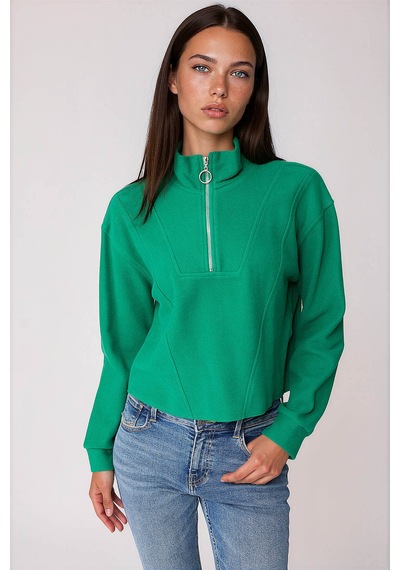Vitrin Dik Yaka Fermuarlı Örme Sweatshirt Yeşil