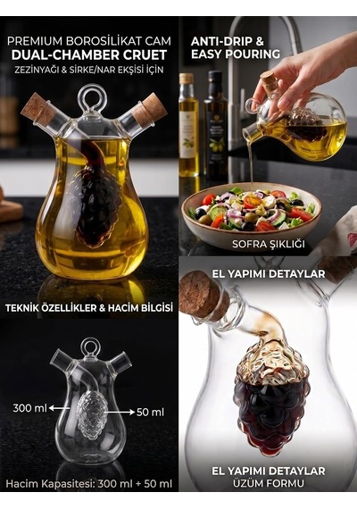 Çift Hazneli Borosilikat Cam Yağdanlık Ve Sirkelik, Üzüm Figürlü, Damlatmaz, Mantar Tıpalı, 300 Ml + 50 Ml Çok Renkli