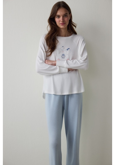 Penti Kırık Beyaz Tea Time Bisiklet Yaka Termal Etkili Sweatshirt Pijama Üstü