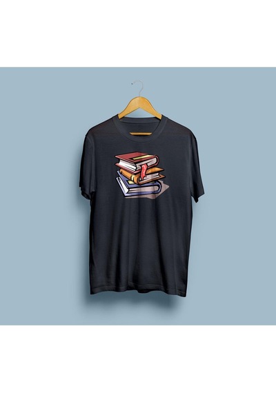 Oversize Üst Üste Kitaplar Baskılı Unisex T-shirt Siyah