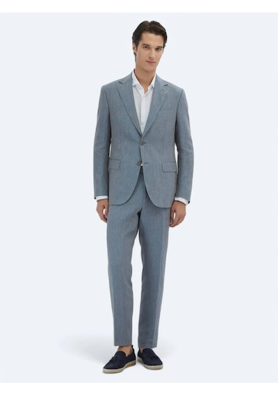 Kip Koyu Mavi Çizgili Modern Fit %100 Keten Takım Elbise Koyu Mavi