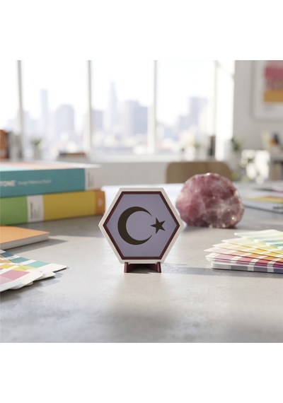 Geometrik Ay Yıldız Motifli Dekoratif Süs, Ofis Ve Kitaplık İçin Özgün Tasarım 10x10 Cm, Mor