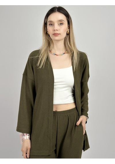Kadın Pantolonlu Alt Üst İkili Kimono Takım Rahat Kalıp Yeşil