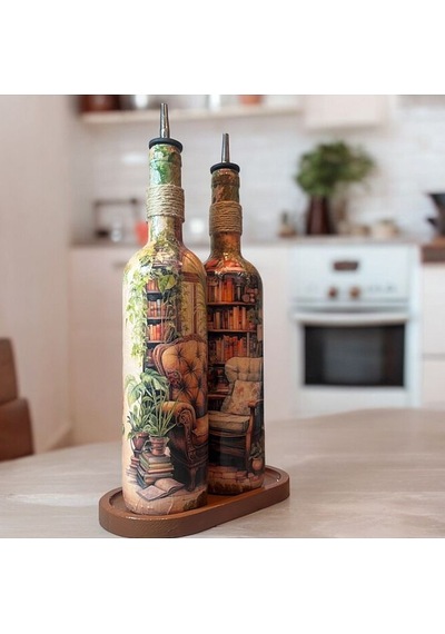 El Yapımı Kışbahçesi Desenli Renkli 750 Ml Zeytinyağı Sıvıyağ Şişesi Yağdanlık Yağlık 2'li Set Çok Renkli
