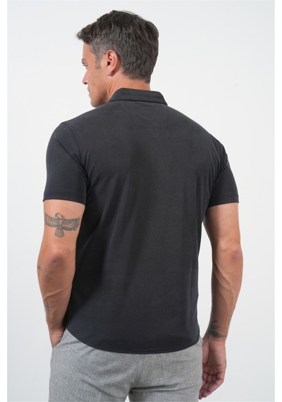 İmza Siyah İtalyan Yaka Kısa Kol Cepsiz Slim Fit Esnek Gömlek 1004260159