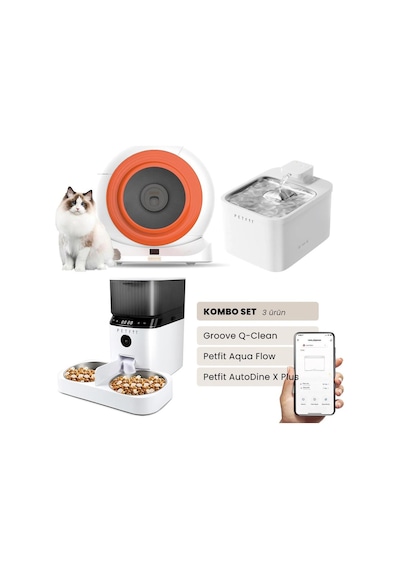 Groove Q-clean Akıllı Otomatik Kedi Tuvaleti Turuncu - Petfit Aqua Flow Akıllı Bataryalı Su Pınarı Çeşmesi + Petfit Autodine X Plus Akıllı Otomatik Mama Kabı Bundle