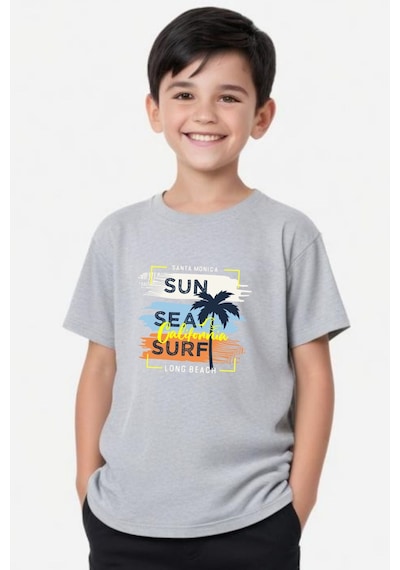 Panios Kids California Sun Baskılı Erkek Çocuk Kısa Kollu Yuvarlak Yaka T-shirt Gri