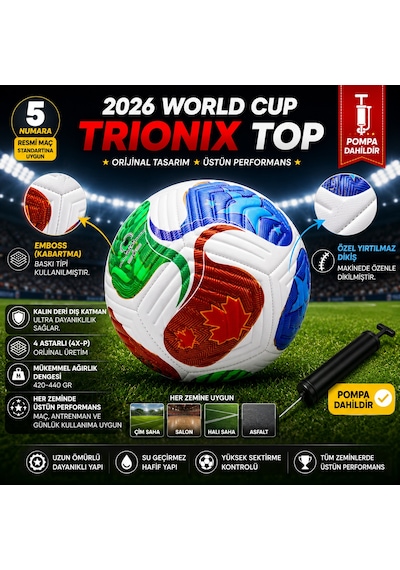 Futbol Topu 2026 World Cup Trionix 5 Numara Pompalı Set Çok Renkli